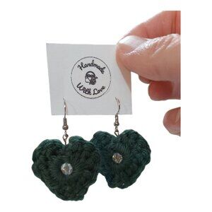 Dark Green Crochet Heart Earrings with Glass Bead • Handmade
